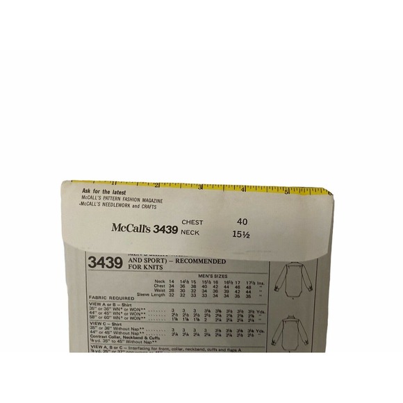 McCALL'S 3439 Vintage Sewing Pattern Men's Shirt Wardrobe Dress and Sport Sz 40 - Picture 5 of 5